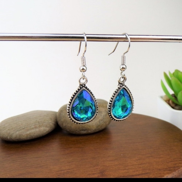 Turquoise Rhinestone Teardrop Earrings - Picture 1 of 4